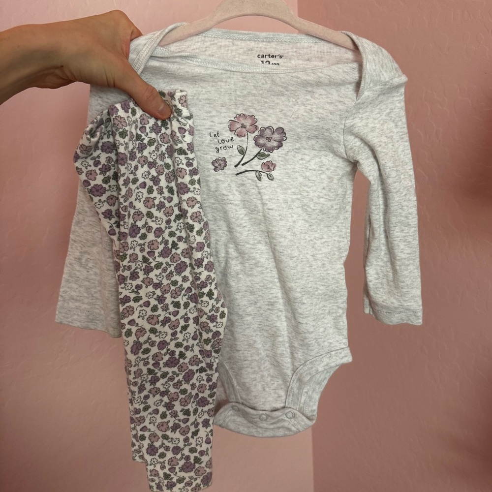 Carters baby girl 12 month onesie long sleeve with purple floral legging pants